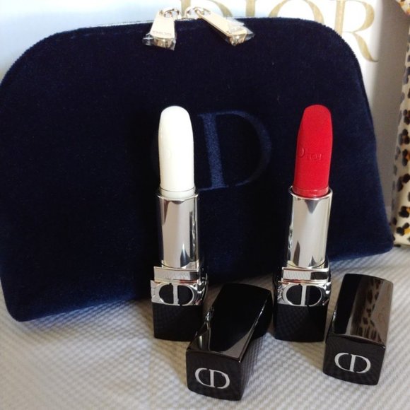 Dior Beauty Double Lipstick Bundle w/Blue Velvet CD Cosmetic Bag + More NEW - Picture 1 of 7